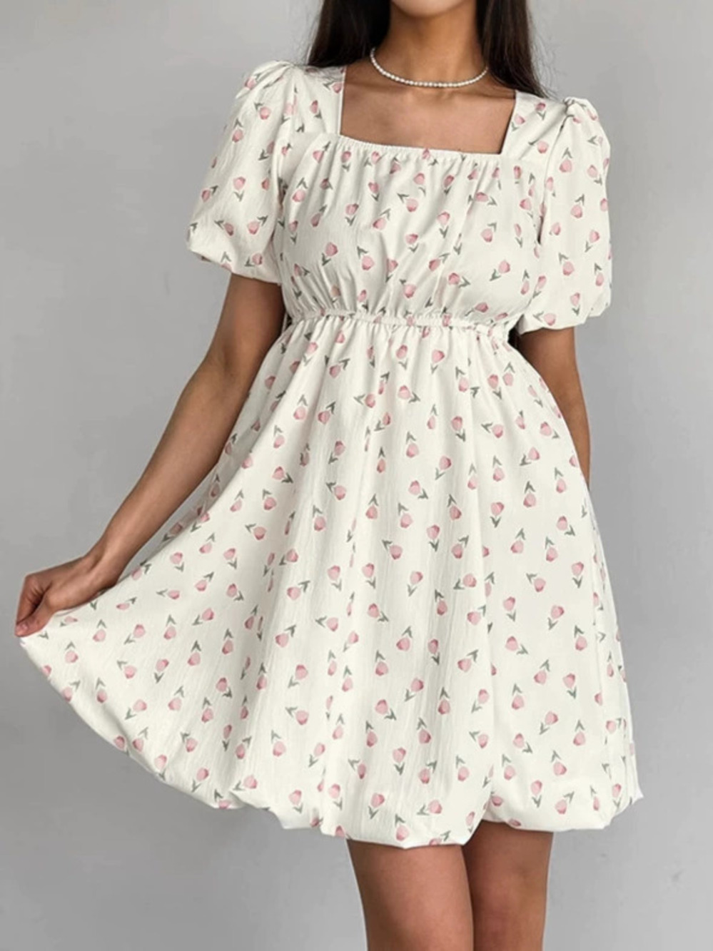 Forever 21 Spring Summer Floral Puff Sleeve High Waist Square Neck Dress